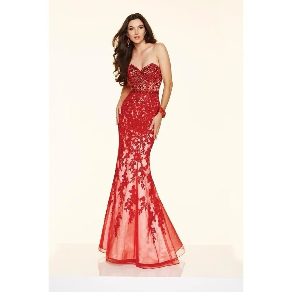 MORI LEE by Madeline Gardner Red Beaded Prom Pageant Mermaid Sheer Dress Size 6